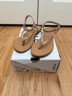 Aldo Filanna T-Strap Sandals in Tan with Gold Studs